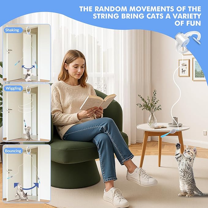 Interactive Cat Toys for Indoor Cats, Automatic Electric Flying Bird Feather Wand Toy, Best Kitten & Adult Cat Enrichment Toy Hanging Electric Kitty Toys for Bored Cats, Light Blue