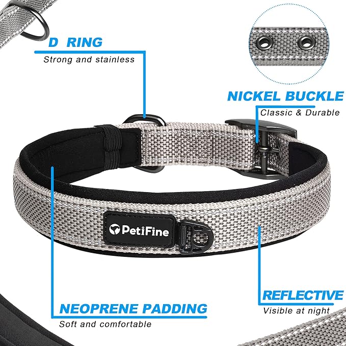 PetiFine Dog Collar for Large Dogs, Neoprene Padded and Adjustable, Reflective Wide Heavy Duty Pet Collars with Durable Metal Belt Buckle for Walking, Grey, L
