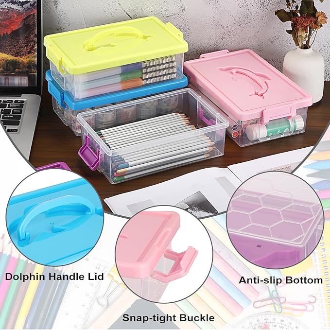 BTSKY 4-Pack Clear Plastic Storage Box with Lid, Stackable Organizer Featuring Easy-Lift Dolphin Design Multi-Use Portable Small Container for Home Craft Office Space-Saving with Secure-Clasp,4 Colors