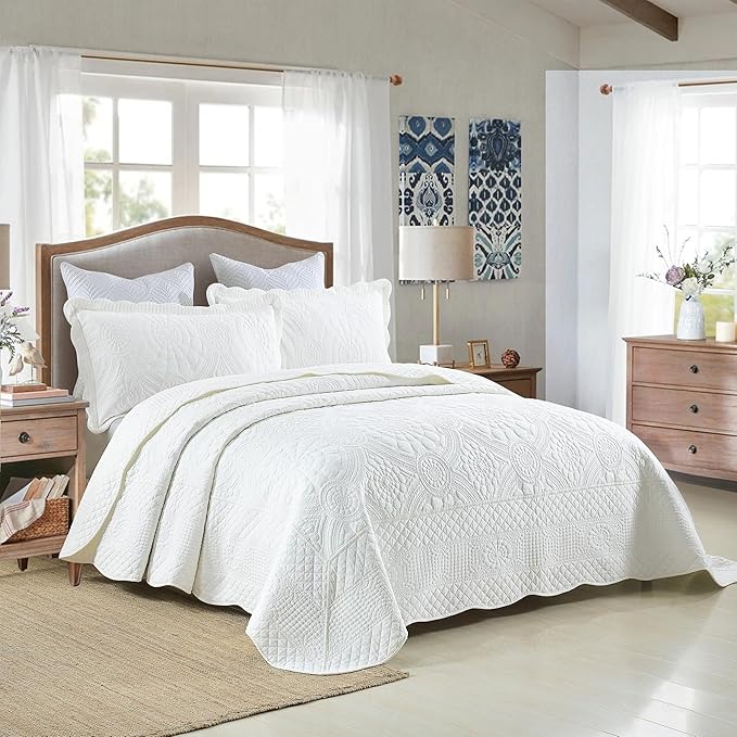 MarCielo 100% Cotton Quilt Set - 3-Piece Embroidered Farmhouse Bedspread & Shams, All-Season Breathable Bedding (Tf Bright White,King)