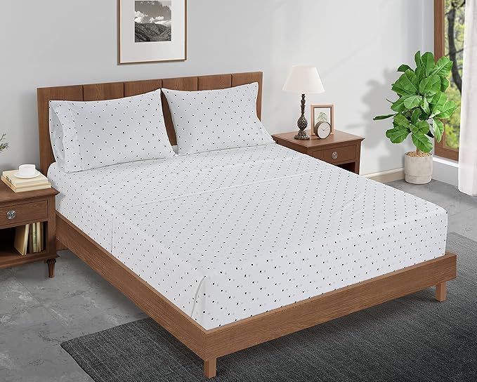 LANE LINEN King Fitted Sheet, 100% Organic Cotton, 3-Piece Set (1 Fitted Sheet,2 Pillowcases), Percale Weave, Ultra Soft, Breathable,Fits Mattress Upto 15" Deep - Polka Dot (No Flat Sheet)