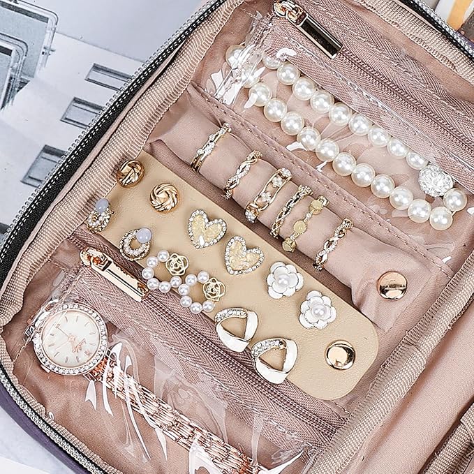 NISHEL Travel Jewelry Case, Holiday Organizer for Necklaces, Earrings, Rings, Bracelets, Watch,Small,Purple