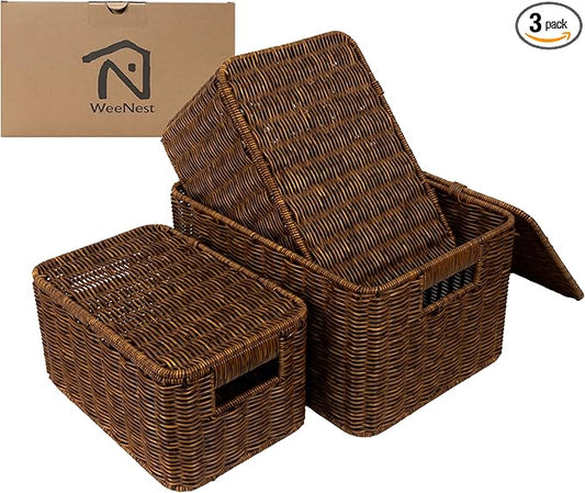 Baskets with Handles, Wicker Storage, Shelf Boxes for Organizing, Stackable Woven Bins, Decorative Lidded Resin, Set of 3, Toffee