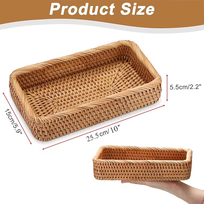 Hipiwe Natural Rattan Tray Key Basket for Entryway Table Rectangle Wicker Basket Trays for Remote Trinket Decorative Rattan Storage Basket Home Decor,10"x 5.9"x 2.2"