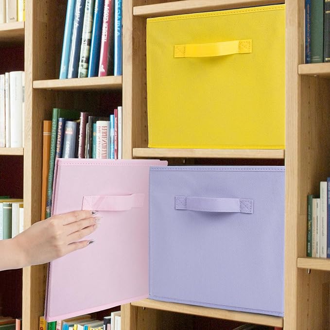 Fabric Storage Bins 12 Pack 13 inch Foldable Storage Cubes with Handles Fun Colored Durable Cube Storage Bin for Home, Playroom, Closet Organizers and Storage Green, Cyan, Purple, Yellow, Pink, Peach