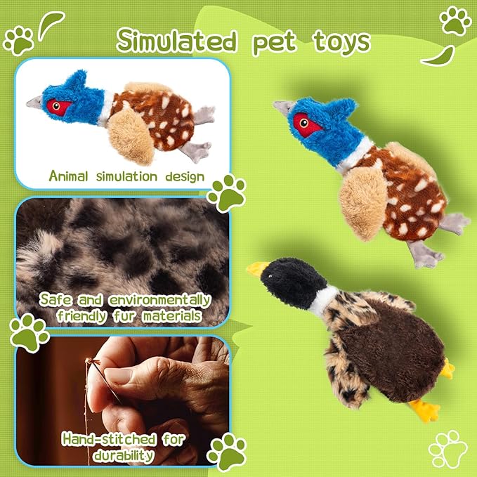 2-Pack Stuffing-Free Squeaky Dog Toys – Pheasant & Duck Plush (4 Squeakers Each) | Durable Hollow Body for Medium Dogs | No Stuffing, Safe & Mess-Free