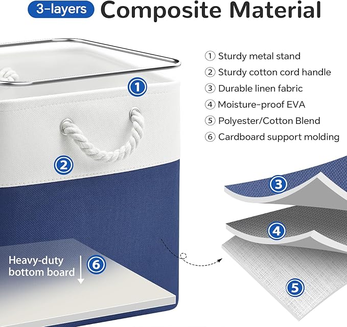 12 x 12 Inch Cube Storage Bins, 4 Pack Fabric Storage Basket with Handles, Foldable Boxes Organizer for Shelf Baskets for Home, Clothes, Toys (White/Blue)