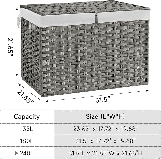 240L Wicker Storage Basket with Lid, Handwoven Rattan Large Shelf Basket with Removable Liner, 63.5 Gallon Wicker Basket for Blanket, Storage Trunk with Handle for Closet, Bedroom, Livingroom, Grey