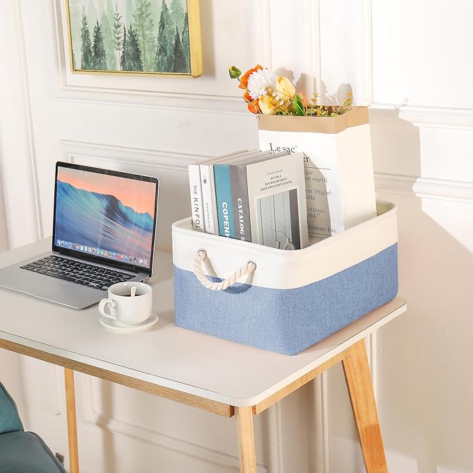 Storage Bins with Sturdy Cotton Handles(1 Pack), Fabric Storage Baskets for Organizing use for Office & Home, Book, Clothes, Toys, Closet Boxes (Small, Blue-White, 12.2x8.3x6.3 inches)