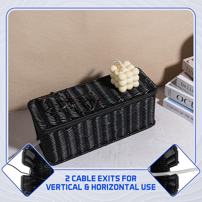Cable Management Box, Handmade Rattan Cable Organizer, 2 Open Slots Cords Hider Box, Under Desk Cord Organizer for Computer Router USB Hub & Power Strip, Patent Pending, 13" x 5.1" x 5.1", Black