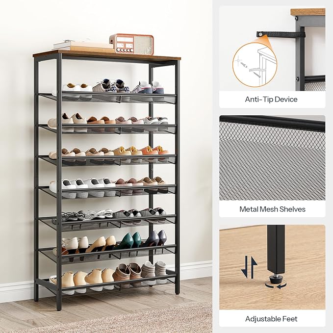 HOOBRO 8-Tier Shoe Rack, 29.5"L Shoe Shelf, Large Capacity Shoe Storage Organizer for 21-24 Pairs of Shoes, Front Door Entrance, Entryway, Hallway, Closet, Space Saver, Rustic Brown and Black BF18XJ01