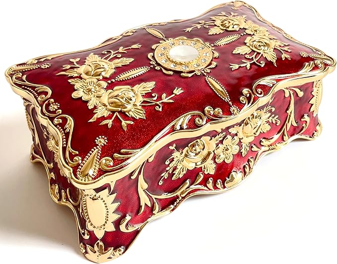 Truewon Jewelry Chest Rose Pastoral Style Metal Box Trinket Vintage Trinket Gemstone Storage Tray Treasure Souvenir Gift Case for Girls Women (Golden Red, Extra Large)
