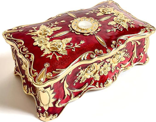 Truewon Jewelry Chest Rose Pastoral Style Metal Box Trinket Vintage Trinket Gemstone Storage Tray Treasure Souvenir Gift Case for Girls Women (Golden Red, Extra Large)