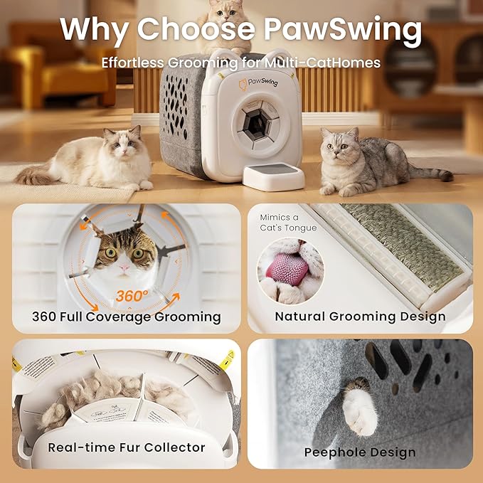 Automatic Cat Self Groomer 360° Surround Skin Friendly Grooming Supplies Self Cleaning Brush with Cat Tongue Mimicry and Treat Dispenser Reduce Shedding and Hairballs Smart Comb for All Cats