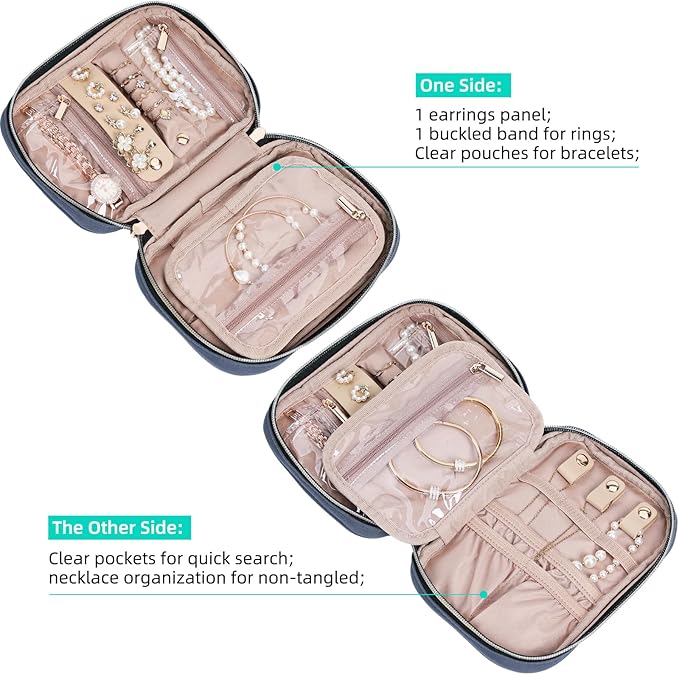 NISHEL Travel Jewelry Case, Holiday Organizer for Necklaces, Earrings, Rings, Bracelets, Watch,Small,Aegean-Blue