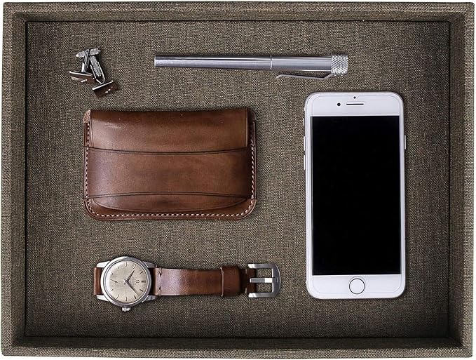 HofferRuffer Elegant Desktop Organizer Tray, Vanity Tray, Storage Jewelry Perfume Organizer, Dresse Catchall for Change Coin Key (Brown Black Faux Leather)