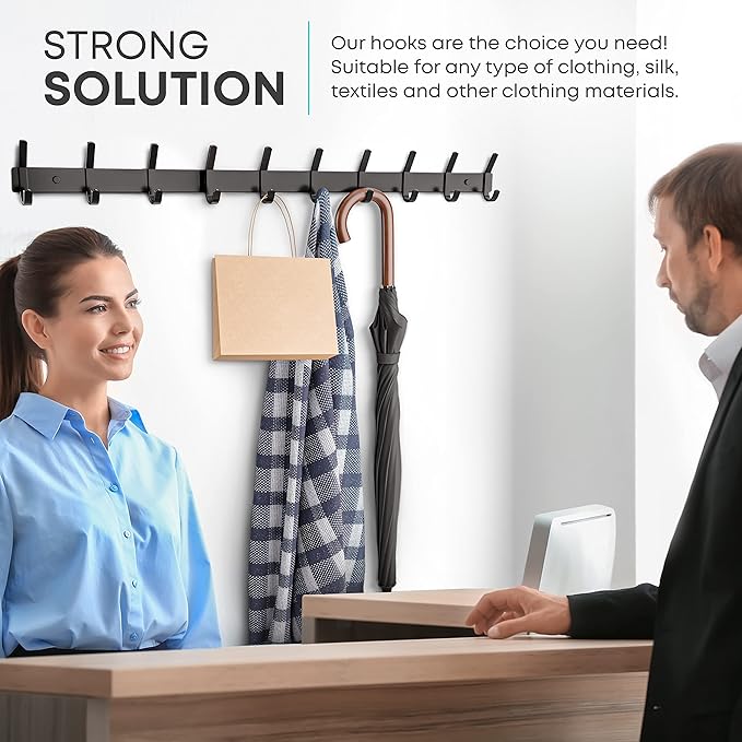 Matte Black Coat Rack Wall Mount – 30 Inch Stainless Steel Hook Rail with 10 Double Coat Hooks – Wall Mounted Entryway Organizer for Coats, Hats, Bags, Towels, Robes, Closet or Bathroom