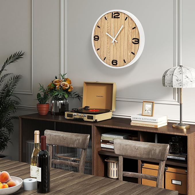 12 Inch Round Wall Clock Wooden - Battery Operated Silent Decorative Analog Clocks for Apartment, Bedroom, Kitchen, Entryway, Classroom - Fits Farmhouse/Modern Home Styles