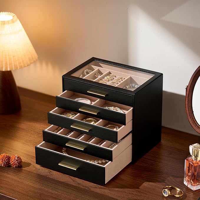 pickpiff Jewelry Box Organizer Case for Women: 5-Layer Jewelry Storage Case with Glass Window, Black Leather with Blush Velvet, Holder for Ring Necklace Bracelet Brooch Watch, Great Gift for Her
