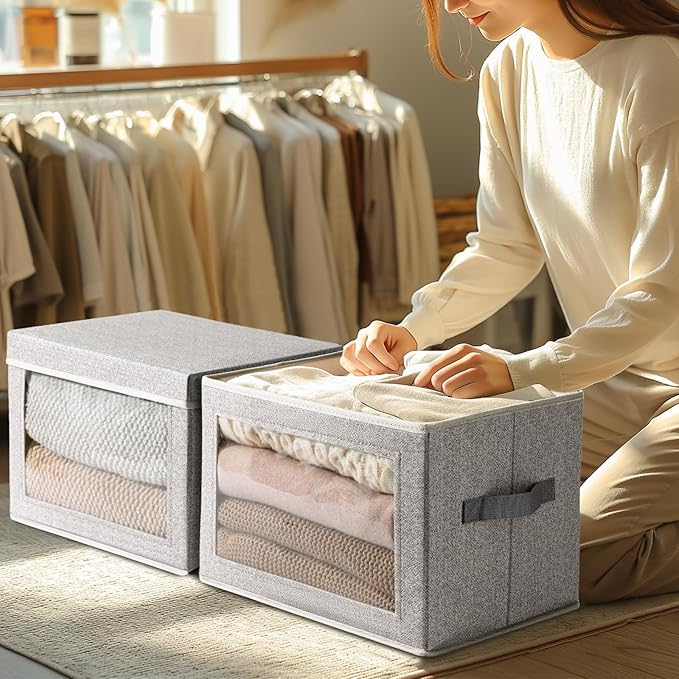 Large Storage Baskets with Lids - Stackable Cube Bins for Closet, 6 Pack Windows Organizer Bins, Home Organizers and Storage for Clothes, CD, Towels, Light Grey