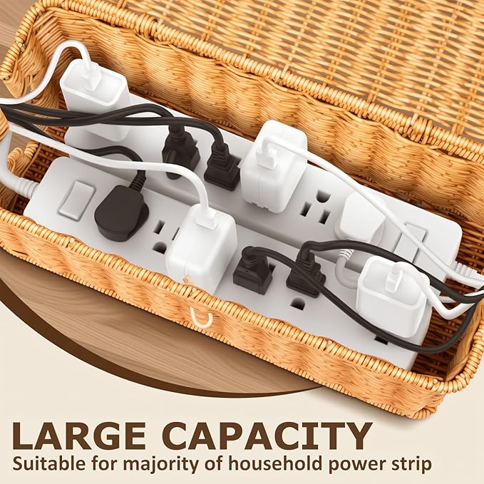Cable Organzier Box, Handwoven Imitation Rattan Power Strip Cover Cable Management Box, 2 Open Slots Cord Organizer Cord Storage Basket for Computer Router USB Hub and Power Strip