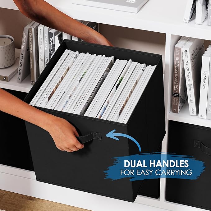 NEATERIZE Fabric Storage Cubes - 6 Pack Heavy Duty Solid Black Bins - 13 Inch Cube Organizer, Use As A Clothes Storage Box In Closet, Baskets For Shelves or Cubbies