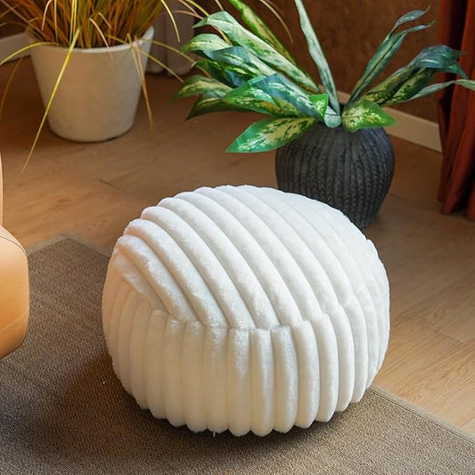 Unstuffed Pouf Ottoman Cover Soft Storage Extra Seat Farmhouse Comfortable Bohemian Poufs Accent Footrest 20x20x8 Inches for Living Room Bedroom Study Nook (White, Round)