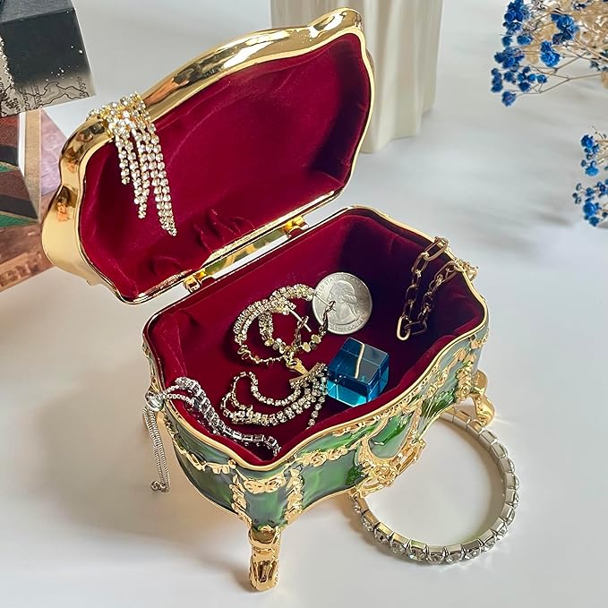 Truewon Princess Jewelry Box, Modern Korean Asian Design Metal Chest Earring Ring Necklaces Storage for Girls (Golden Green, Medium)