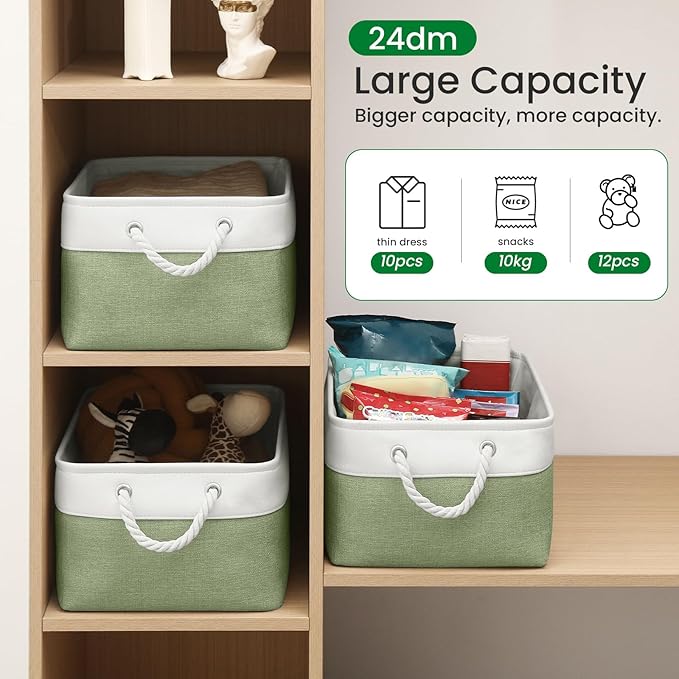 Storage Baskets, Fabric Storage Bins, Versatile Storage Baskets for Shelves with Handles, Large Closet Organizers for Shelves, Clothing, Toys, Books (3-Pack 15.7x11.8x8.2 inch, White&Green)