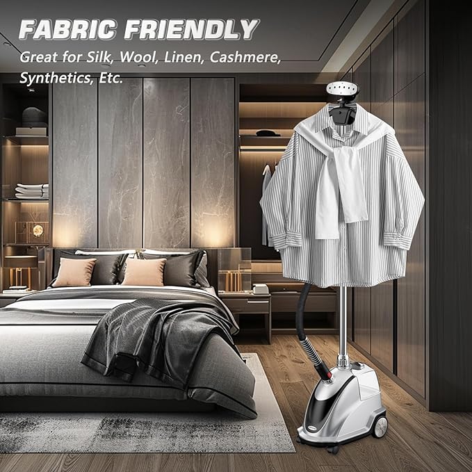 Anthter Steamer for Clothes, 1500W Powerful Standing Garment Steamer with Roll Wheels, 2.4L Water Tank for 90 Mins Continuous Steaming, 35s Fast Heat-up (Silver)