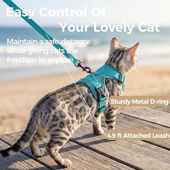 Cat Harness and Leash Set Escape Proof Tactical Large Kitten Harness Emotional Support Cat Vest, Turquoise, L