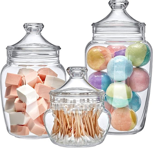 Amazing Abby - Embrace - Plastic Bathroom Canisters (3-Piece Set, 60/42/24 oz) (NOT Glass), Acrylic Apothecary Jars for Vanity, BPA-Free and Shatter-Proof, Great for Cotton Balls and Bath Sponges
