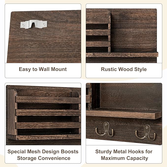 Dahey Wall Mounted Mail Holder Wooden Key Holder Rack Mail Sorter Organizer with 4 Double Key Hooks and A Floating Shelf Rustic Home Decor for Entryway or Mudroom,15.7" W x9.3 Hx3.2 D, Brown