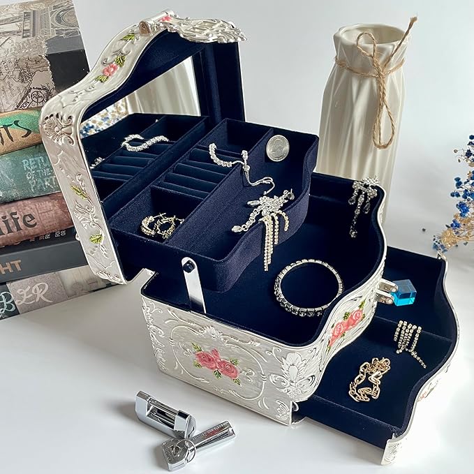 Truewon Jewelry Chest Rose Pastoral Style Metal Box Trinket Vintage Trinket Gemstone Storage Tray Treasure Souvenir Gift Case for Girls Women (White Pink Golden, Double Extra Large Hand-held)