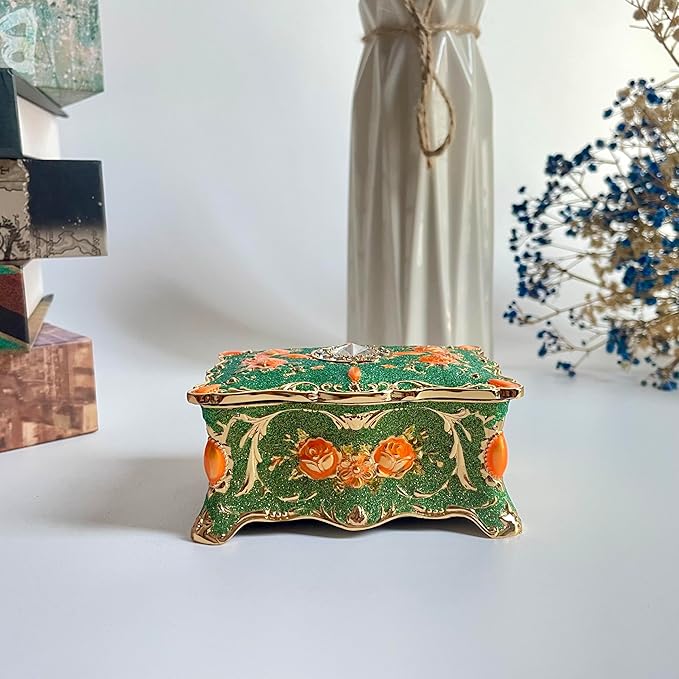Truewon Jewelry Chest Rose Pastoral Style Metal Box Trinket Vintage Trinket Gemstone Storage Tray Treasure Souvenir Gift Case for Girls Women (Golden Starshine Green, Small)