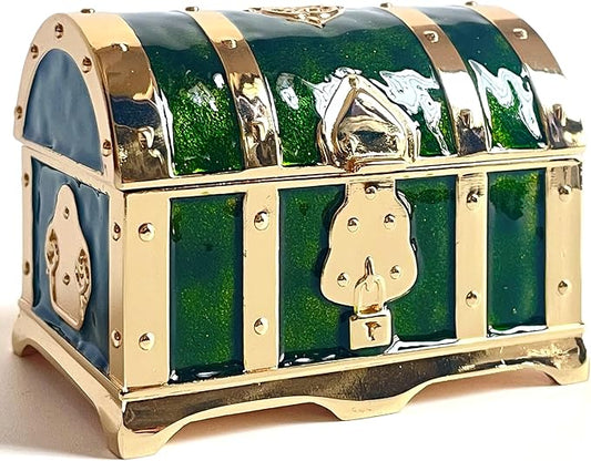 Retro Jewelry Box Arched Vintage Rectangular Metal Chest Necklace Ring Earrings Storage Case for Women Girls (Golden Transparent Green, S)