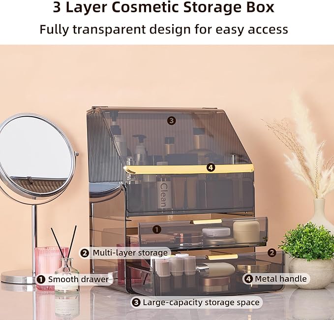 Large Cosmetic Organizer Fully Transparent with Drawers, Dustproof Waterproof Bathroom Counter Storage for Skincare Lipstick Makeup Brushes(Black)