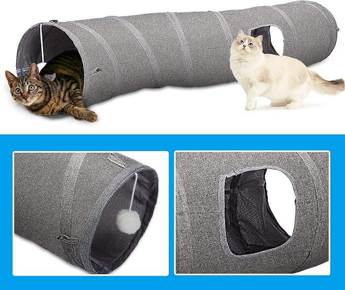 Ownpets Cat Tunnel Sturdy Oxford Fabric Cat Tunnel Toy, S-Shape Collapsible Cat Tunnels for Indoor Cats,Interactive Peek Hole Pet Tunnel Tube with Cat Wand Toy