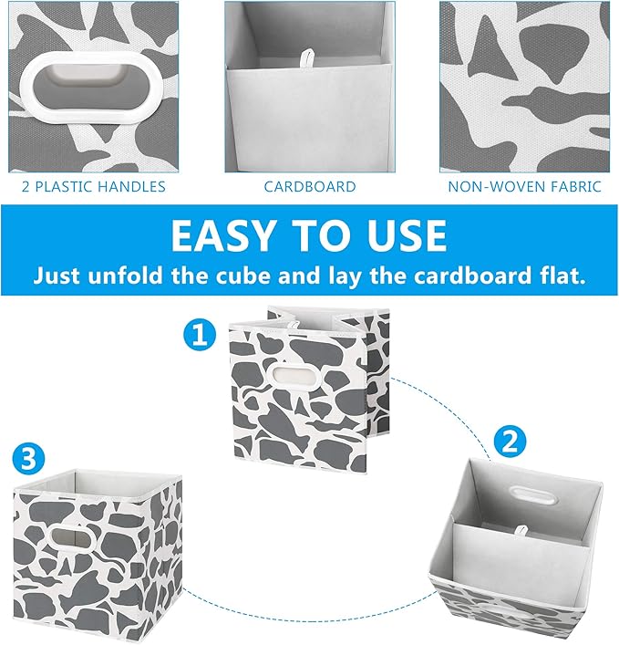 MAX Houser Fabric Storage Bins Cubes Baskets Containers with Dual Plastic Handles for Home Closet Bedroom Drawers Organizers, Flodable, Set of 6 (Grey1)