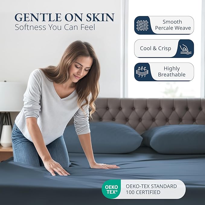 LANE LINEN Full Size Fitted Sheet, 100% Organic Cotton, 3Pc Set (1 Fitted Sheet,2 Pillowcases), Percale Weave, Bottom Sheet, Breathable, Fits Mattress Upto 15" Deep - Navy(No Flat Sheet)