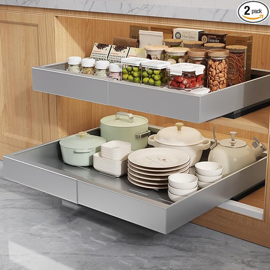 2 Pack Pull Out Cabinet Organizers 21"Deep With Raising Pad for Framed Cabinets,Expandable Slide Out Drawers Upgrade 3 Slide Rails,Roll Out Shelves Adhesive,Adjustable Width 12"-20.45" Silver
