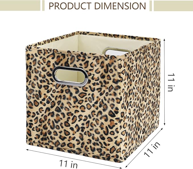 ANMINY 2PCS Storage Cubes Leopard Cheetah Print Velvet Fabric Storage Bins for Shelves, Collapsible Washable Closet Storage Baskets Boxes with Handles for Organizing and Storage -Brown, 11"x 11"x 11"