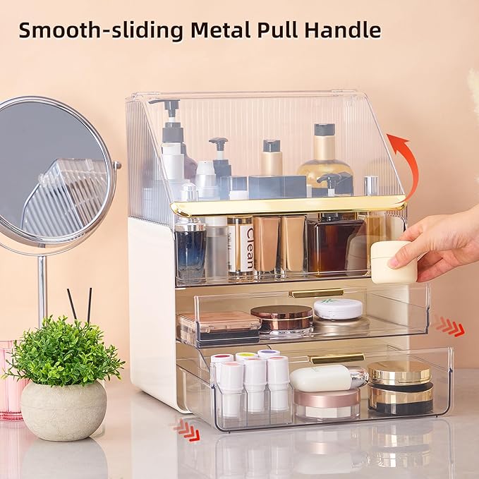 Large Cosmetic Organizer Fully Transparent with Drawers, Dustproof Waterproof Bathroom Counter Storage for Skincare Lipstick Makeup Brushes(White)