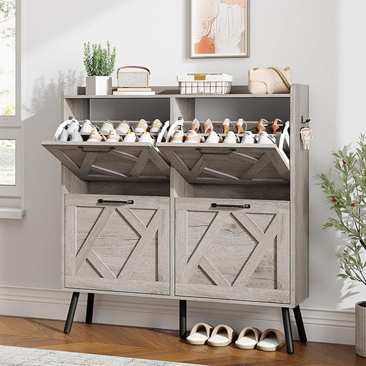 Nicetree Shoe Cabinet with 4 Flip Drawers, Freestanding Shoe Organizer Cabinet, Farmhouse Narrow Shoe Storage Cabinet for Entryway, Foyer, Hallway, Gray