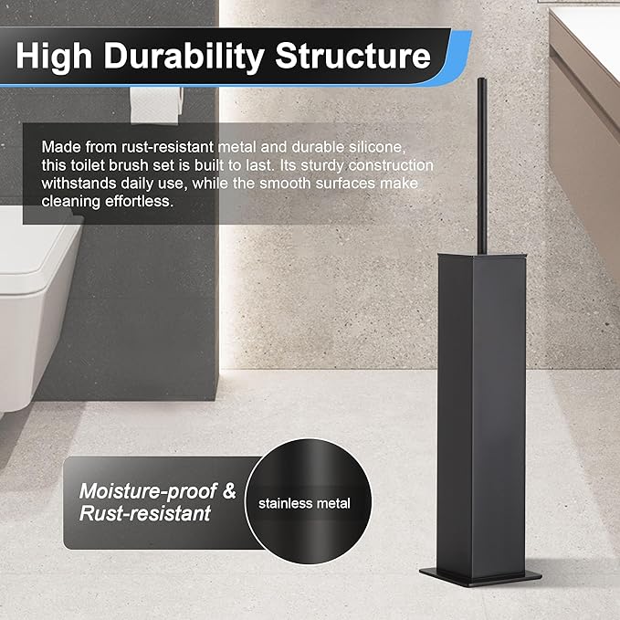 BVL Toilet Brush and Holder Set Black Stainless Steel 304 Square Freestanding Toilet Brush for Bathroom
