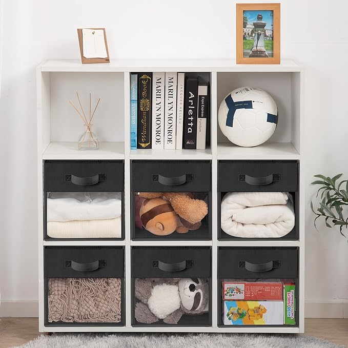 Storage Bins with Clear Window, 11x11 Storage Cubes, Collapsible Cube Storage Box, Fabric Closet Organizers with Handles for Home, Office, Shelf, Closets, Living Room, Black, 6 Pack