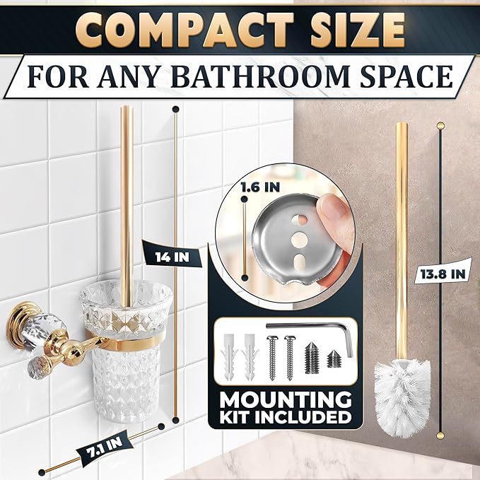Gold Stainless Steel Toilet Brush with Crystal Toilet Brush Holder Set – Wall Mounted Holder, Replaceable Head, Decorative Space-Saving Design Bathroom Toilet Accessory Elegant Toilet Bowl Cleaner Set
