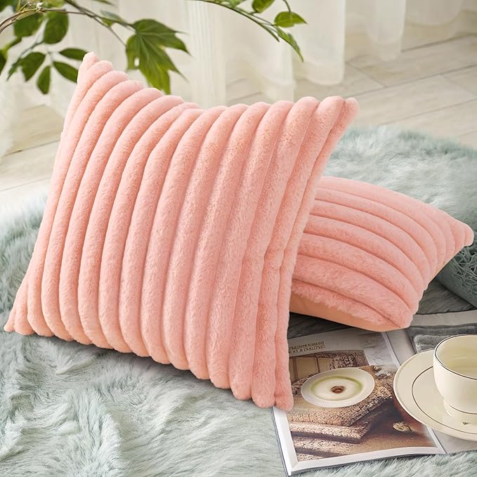 decorUhome Faux Fur Spring Throw Pillow Covers 20x20 Set of 2, Decorative Soft Plush Striped Neutral Couch Pillow Covers with Velvet Back for Sofa, Bed, Living Room Home, Blush Pink