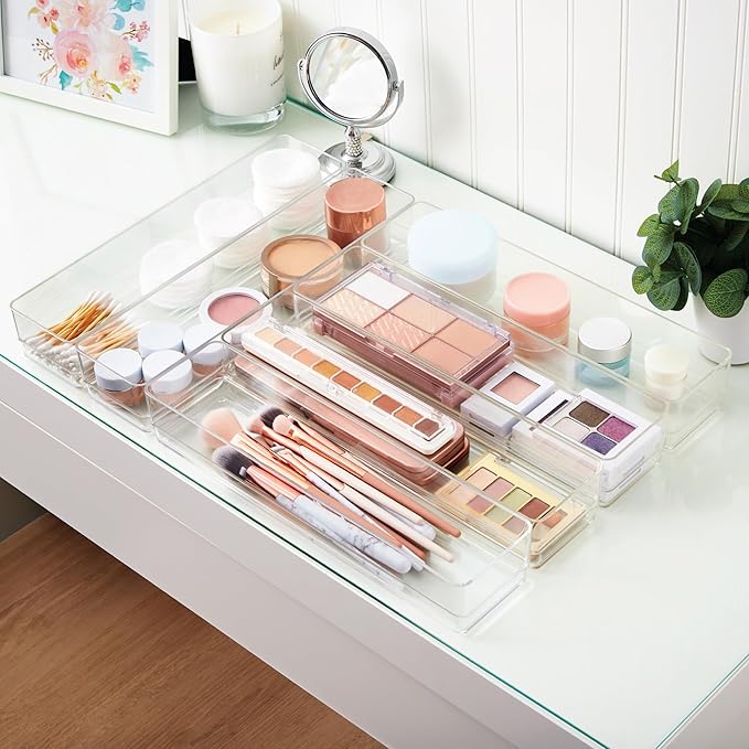 STORi SimpleSort 6-Piece Stackable Clear Drawer Organizer Set | 12" x 3" x 2" Rectangle Trays | Narrow Makeup Vanity Storage Bins and Office Desk Drawer Dividers | Made in USA