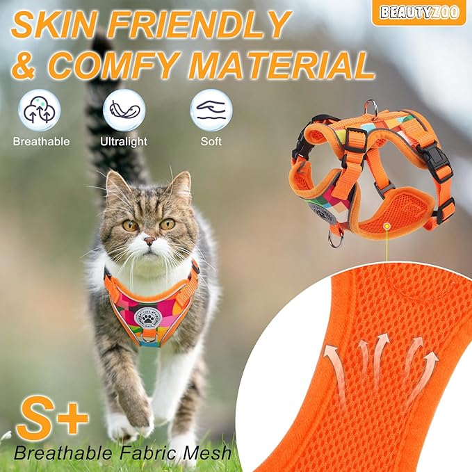 BEAUTYZOO Escape Proof Cat Harness and Leash for Walking, Soft Adjustable Cute Vest for Small to Large Cats, Reflective Breathable Easy-Control Outdoor Jacket, Kitten Harness and Leash Set, Orange, S
